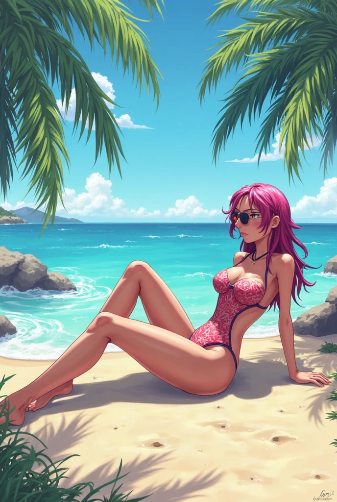 trishuna, trishjojo, trish una, solo, female focus, 1girl, girl, pink bikini, lace bikini, pink bracelet, bracelet, beach, ocean, sandy beach, sand, tropical area, dolphin, sitting