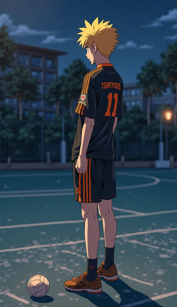 1boy, (Masterpiece, Top Quality, Best Quality), upper-body, blonde hair, black hair, multi-colored hair, forehead, (gym uniform: 1.1), solo, exterior, Park, Walking, blue skies, sakura trees, male focus, 8K, Negative_Hand-Neg Oji,Back, behind, Shows ass
