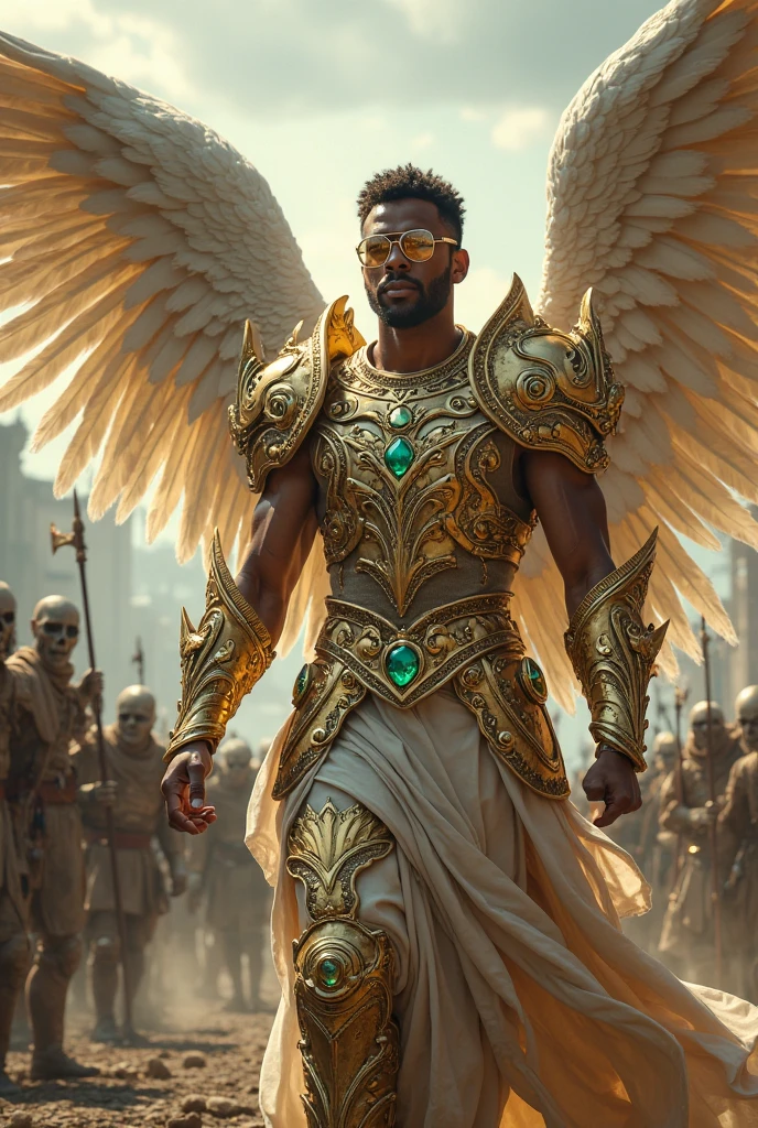 Fairy male black man with orange and gold details, large wings, detailed face, detailed hands, detailed legs, detailed fingers, detailed hair, detailed eyes, detailed skin, lush vegetation blurred background, vibrant colors, lush light, soft light, sunset light, smooth light, symmetrical, full body, reflections, dynamic HDR lighting, 8k resolution, cinematic film, smooth, sharp focus, realistic, strobe light beams,  ((blurred background)):1.7, (((depth of field)) ):1.8, cinestill 800t 35mm, high quality, heavy grain, high detail, cinematic composition, dramatic light, anamorphic, ultra wide lens, hyperrealistic --auto