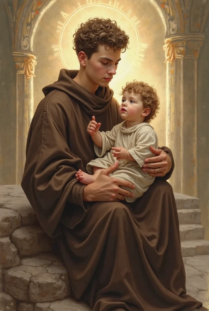 St. Francis of Assisi holding the baby Jesus; uma estrela passando no fundo; tudo igual igual a imagem adicionada