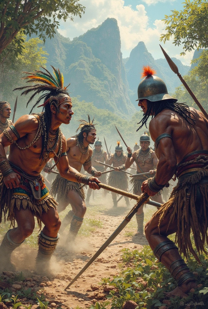 a tribe of indigenous Brazilian people engaged in battle, muscular shirtless men with tribal face paint and feathered headdresses, wielding spears and clubs, lush tropical jungle background with dense foliage, dynamic action pose, cinematic lighting, highly detailed, photorealistic, dramatic colors, (best quality,8k,highres,masterpiece:1.2),ultra-detailed,(realistic,photorealistic,photo-realistic:1.37),dramatic,cinematic