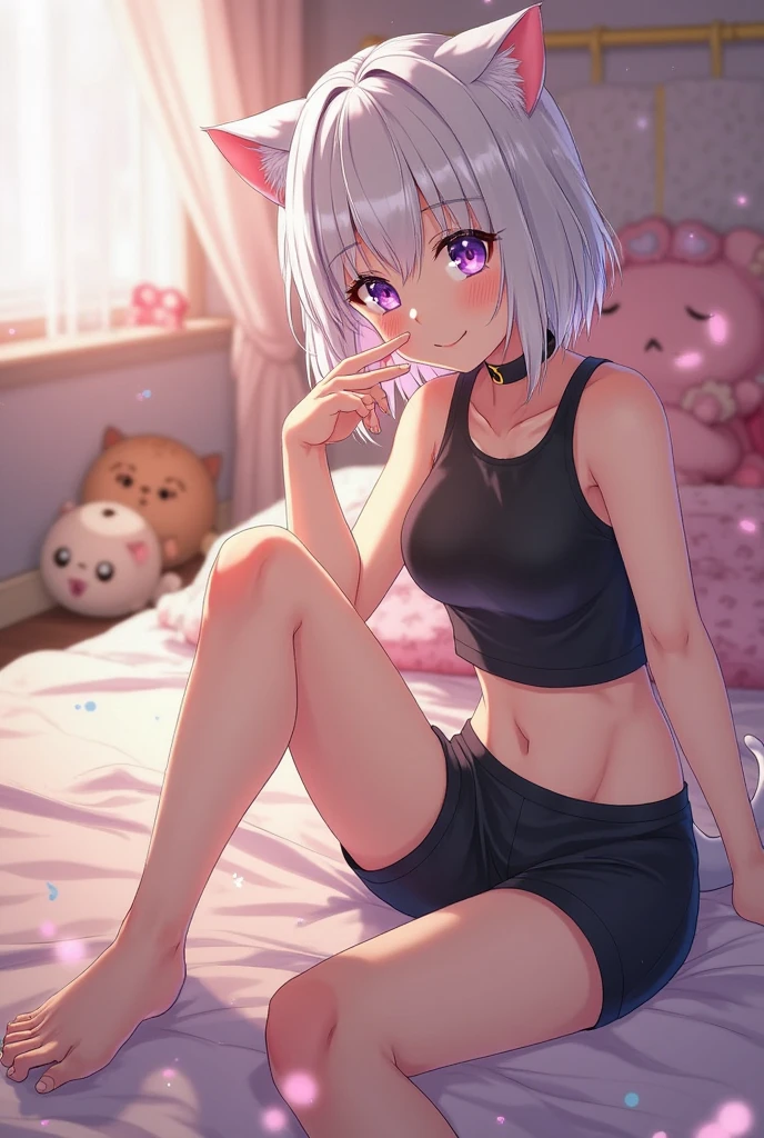 White hair. Short hair. anime girl. Pink eyes. Nekomimi. Pink tanktop. Short pants. 1girl. Bedroom.