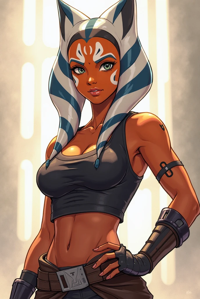 score_9, score_8_up, score_7_up, score_6_up, BREAK Ahsoka, wearing smuggler outfit, cleavage, medium breasts, seductive smirk,sweating, wide hips, big ass, on a spaceship, in space