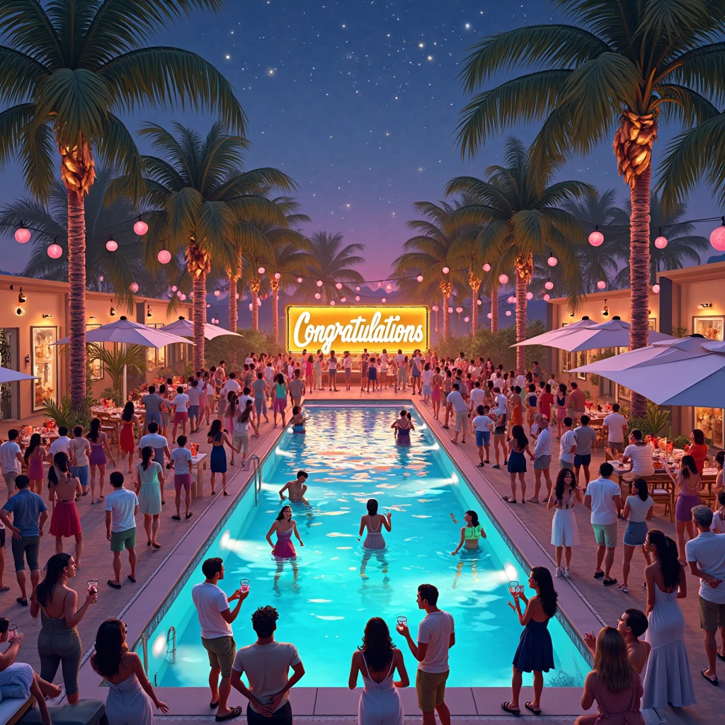 Pool party, techno music, laser shows, drinks, many people in big pool