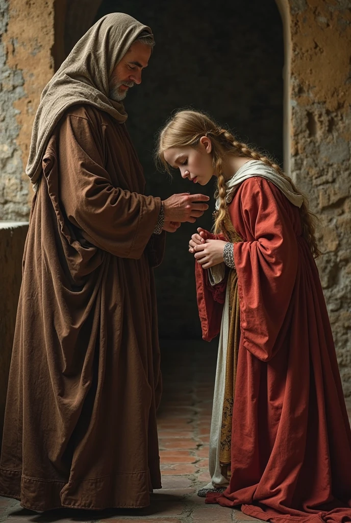 woman offering help to a poor girl in the middle ages