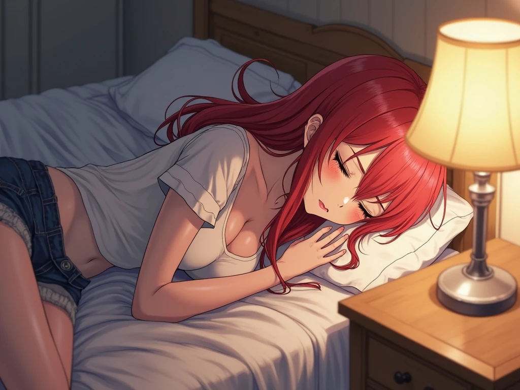 1Gir,l red hair, sharp blue eyes, she blushes so hard while lying on bed thinking of next day