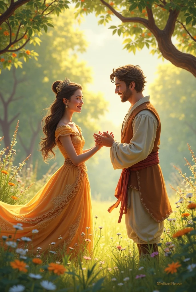 Illustration up high adventures in the same style as the movie, With Velinho and his wife still young, lying on the grass, pointing to the sky joyfully;, The image only has yellow and purple colors