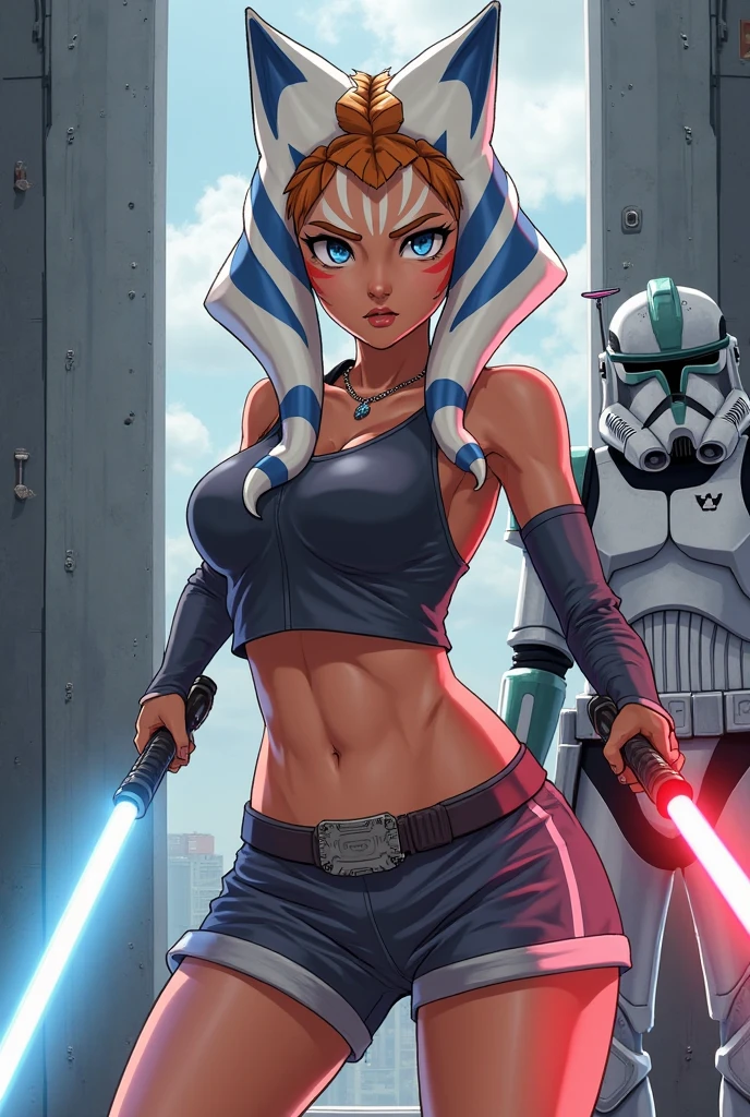 (masterpiece, best quality), 1girl, beautiful face, ahsoka_tano, orange skin, facial mark, tattoo, cleavage, jedi robe, big breasts, holding light saber with her hands, grabbing light saber, serious look, curvy body, sexy thighs, sexy legs, full body shot