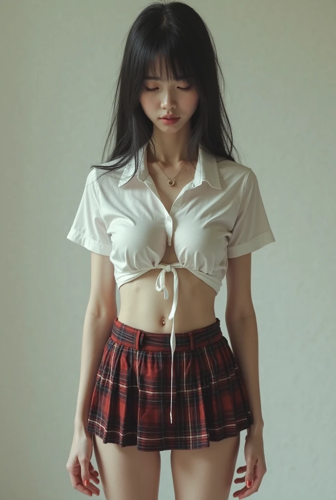 A beautiful woman who has been  and tied up、Well-formed face、Beautiful black hair、Well-balanced proportions、Beautiful legake your eyes even、Hands tied with rope、Dark short-sleeved shirt、skirt、White panties are visible、Facing forward、sitting in front of a cabin in the woods、２１talent、Medium build、Like real life、highest quality、