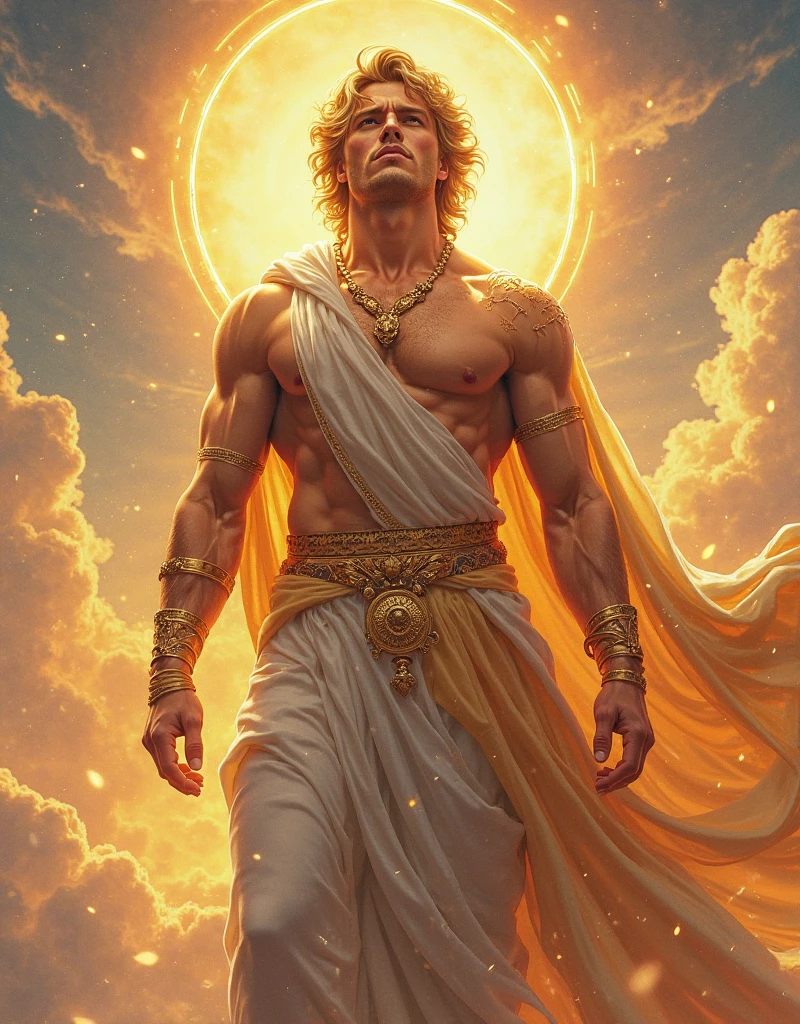 Apollo God of the sun, Greek, sexy, muscle man, redhead, warrior, is flying in front of the sun with full body, his clothes are of a warrior, he exudes power and sovereignty controlled the sun, powers of the sun, greece