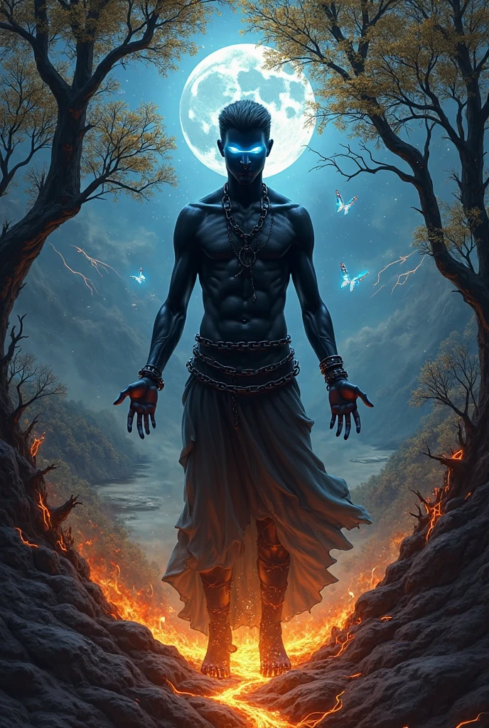 God krishna, darkness envelops him, flaming Sharingan eyes, a raven by his side, hidden powers awaken, black flames consuming everything, an 8k vision revealing all the dark details.