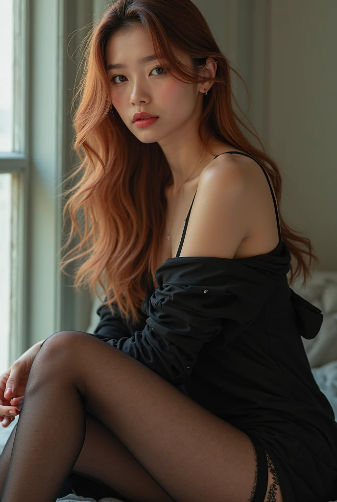 beautiful pretty model koren girl showing her long sharp natural fingernails, red hair, nana afterschool, sitting on the chair, modern luxury room