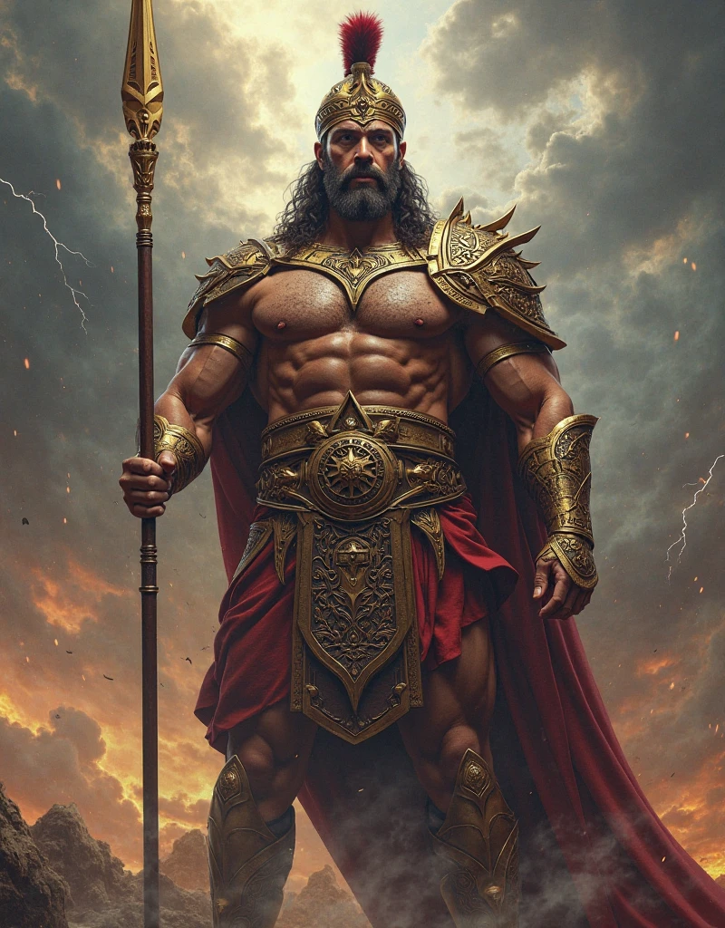 a warrior with a muscular body with 1,72 tall, Caucasian skin, long black curly hair. uses a golden spear and has golden jewelry