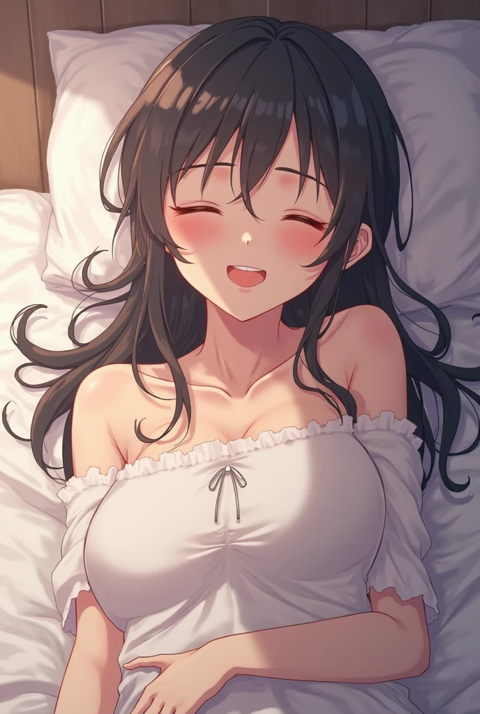 Girl,cute,cute,From above,Chest to head,Look up here,Embarrassed,Straight Hair,Long Hair,Black Hair,big breast photos,looking at the camera,Sleepy look,Lying in bed,Bedroom,night,pajamas