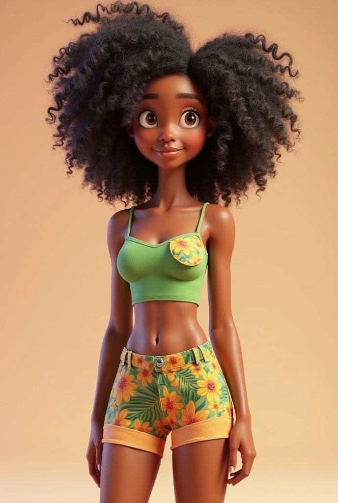 Meet Aisha, a stunning African woman with a captivating presence at the age of 26. Her short, curly afro hair cascades around her shoulders in a brilliant explosion of textured curls. Her expressive green eyes hold a sense of curiosity and wonder.
In the mall clothing store, Aisha is beautifully framed against a blurred background, her figure accentuated by the best quality clothing she tries on. She strikes a dynamic pose, one foot on a bicycle as she contemplatively runs her hand along the fabric, adding a touch of casual charm to her image.
The scene is further enhanced by a soft, detailed sky filled with beautiful clouds, reflecting the sunlight and creating