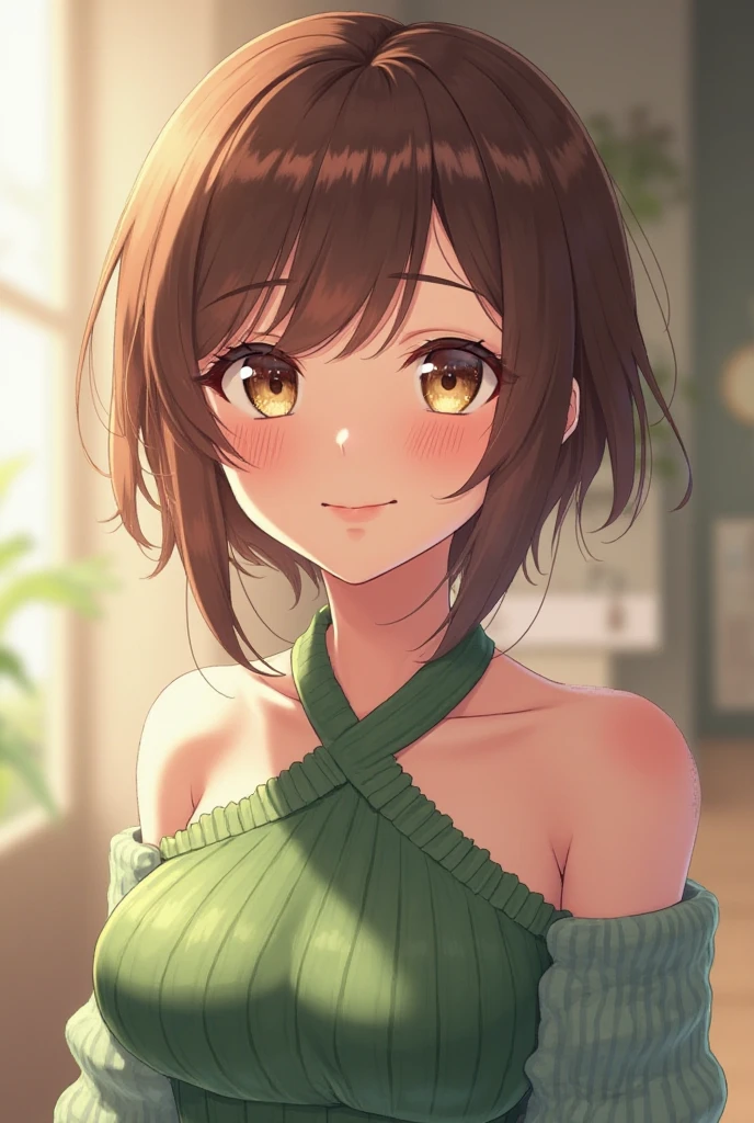 , (short brown fluorescence hair:1.5,ponytail hair:1.5), (masterpiece, sidelights, exquisite beautiful eyes: 1.5), masterpieceportrait,(cute face),front view: 1.6、 (glowing green eyes:1.2),plump face:1.5,(tareme:1.5)、(seductive smile:1.2),Rosy Mouth,Slim Body,abs, shiny hair, visible belly, shiny skin: 1.5、medium breasts,cleavage、solo,,(stand)、(white tank-top and black skirt)、(charactor focus:1.5、portlate、upper body),stage,