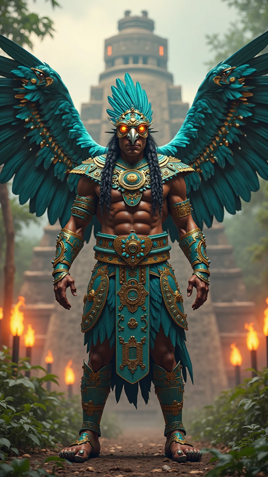 Impressive God Chaac with a large feathered breastplate and Kukulcan