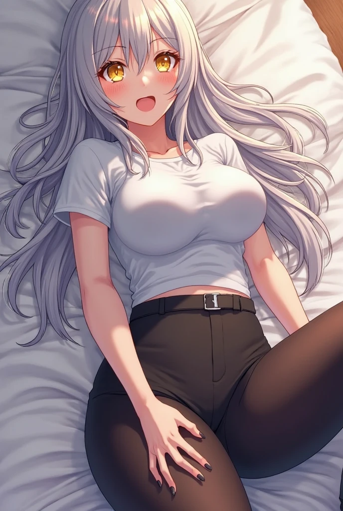 1 girl, underwear, white hair, thigh, white_underwear,， long_hair, breast,  White pajamas，unbuttoned pajamas，open income，navel，bare belly，eyes closed，eyes closed， In the bedroom, hindquarters, Bangs, split, blush,Lying in bed，white，，white，Full body female love，arms open，legs spread，