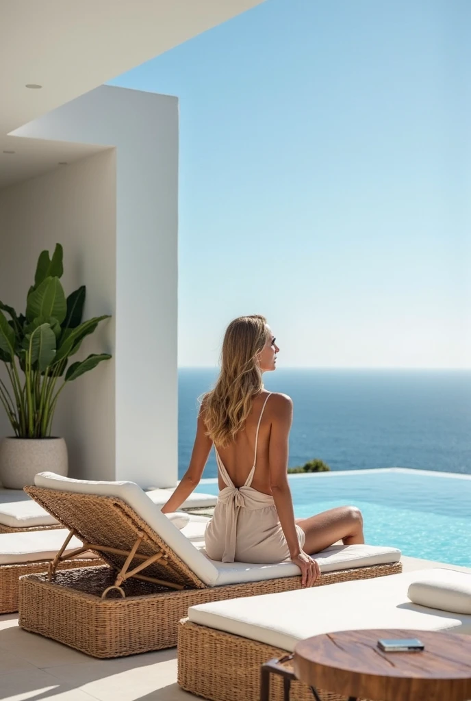 A photorealistic image from back of a woman wearing a dress, observing the crystal clear waters of the Caribbean, inside in a beach house. observing the crystal clear waters of the Caribbean