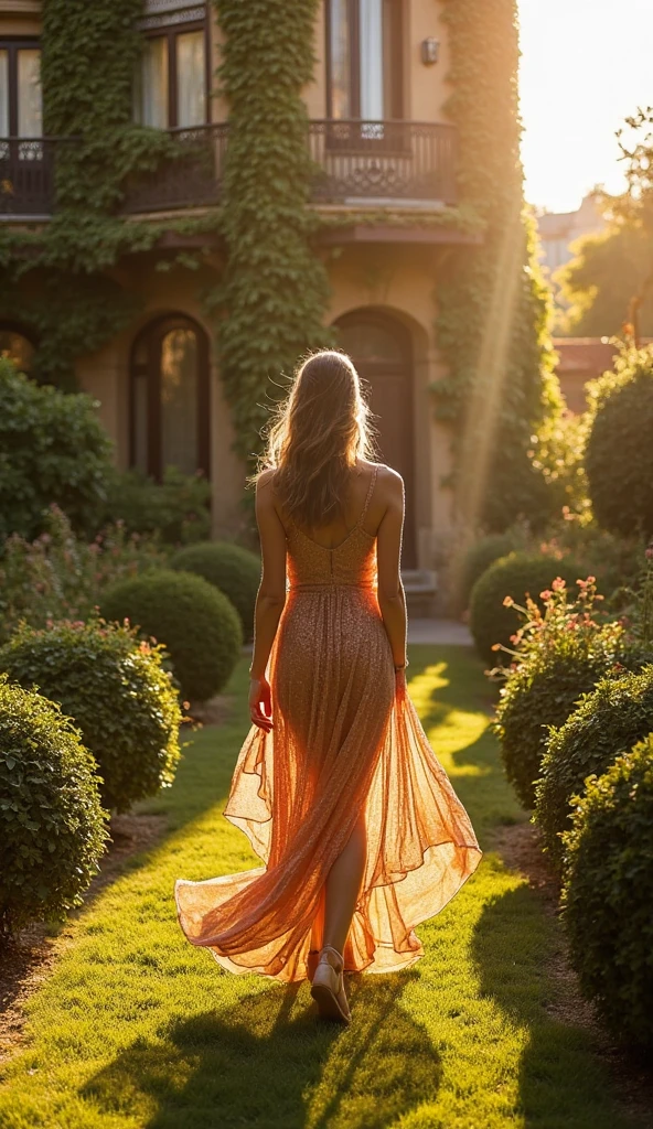 a beautiful woman with large breasts, detailed facial features, realistic skin texture, detailed eyes and lips, elegant expression, long wavy hair, flowing dress, outdoor garden setting, sunlight filtering through trees, warm color palette, cinematic lighting, photorealistic, masterpiece, 8k