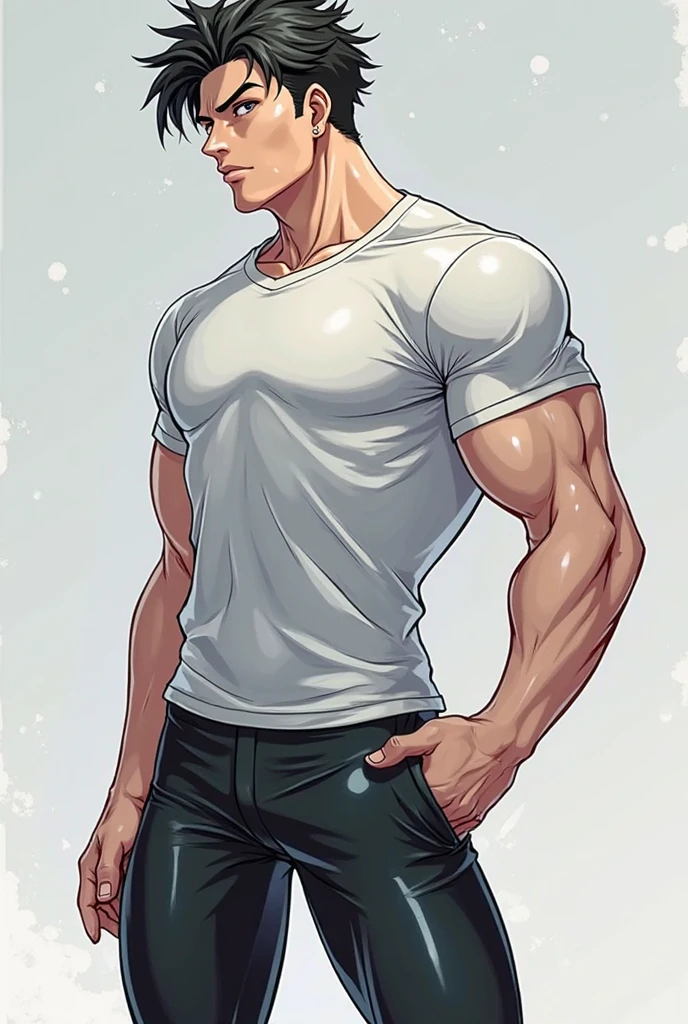 Clear background、A handsome tall man standing, He is 28 years old，Thin waist，The pectoral muscles are well developed, He is 175cm tall，Weight 62 kg、yellow-green eyes、brown hair color、short hair、White T-shirt、jeans、White long wet socks.looking into camera，Smile