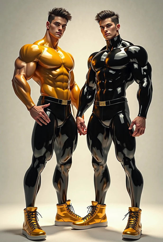 Portrait of two superheroes in yellow outfits, facing the front, demonstrating courage and determination. They are positioned in a powerful pose, highlighting their strength and heroism. The background is simple to fully focus on the figures of the heroes..