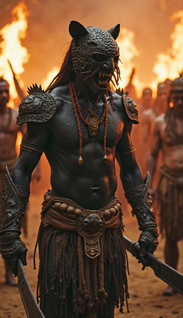 A powerful depiction of Exu, represented as a strong Black man with a commanding presence. He is dressed in a striking combination of black and red attire, symbolizing his dual nature and connection to both the and spiritual worlds. Exu stands at a mystical crossroads, holding a trident in his hand, which radiates authority and power. Surrounding him are symbols of communication, trade, and transformation, reflecting his role as a messenger and guardian of paths. The background merges gritty urban street art, representing modernity and the energy of the city, with spiritual African motifs, paying homage to his ancient roots. The overall atmosphere is dynamic, charged with movement and the potential for change, capturing the essence of Exu as a master of movement, transformation, and the balance between worlds, Alta resolução, Premiado várias vezes, Ultra HD, Fujifilm, Sombra projetada, Fotorealismo, afrofuturism, orisha