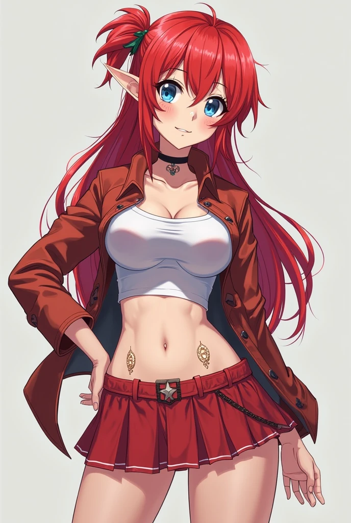 masterpiece, best quality,   2ndC,  <lora:RyugasakiRene2ndCv1:1>, 1girl, navel, red_belt, smile, underboob, looking_at_viewer, large_breasts, shorts, open_fly, grin, belt, blush, cowboy_shot, loose_belt, blue_shorts,  demon_horns, fang_out, fang, pointy_ears, ear_piercing,  from_behind, (ass:0.8)