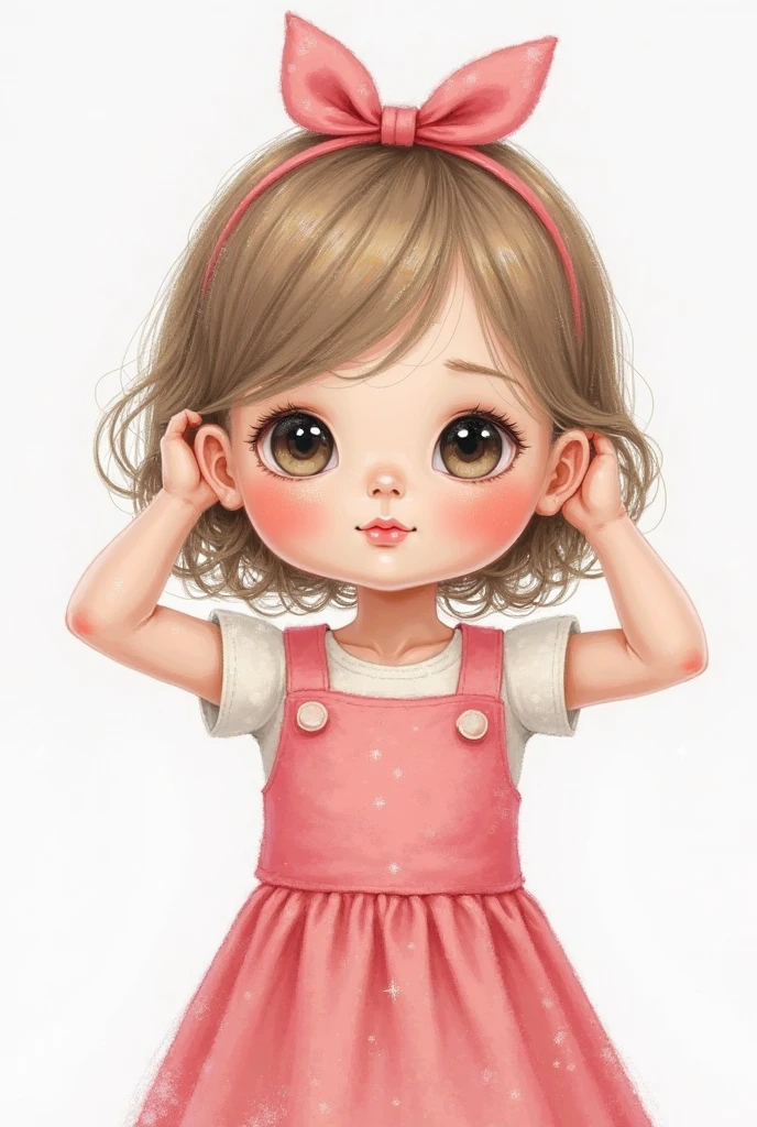 Drawing of a 3 year old girl smiling, with a small bright pink bow on her head, com fundo branco