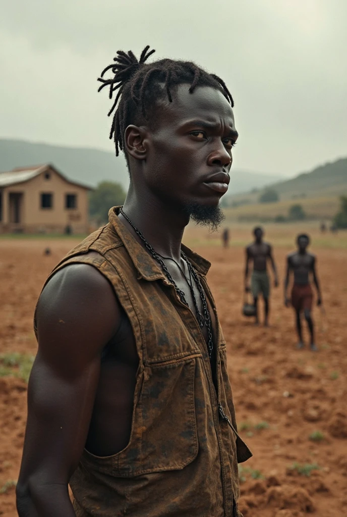 A dystopian future in Colombia where AIs win and there are few natural resources left. A 35-year-old HUMAN MAN, has brown eyes, long and angular face, black fur, tez morena. Wear a worn-out PAJAMA top and pants that fit snugly and COVER THE SKIN. They have a devastated face.