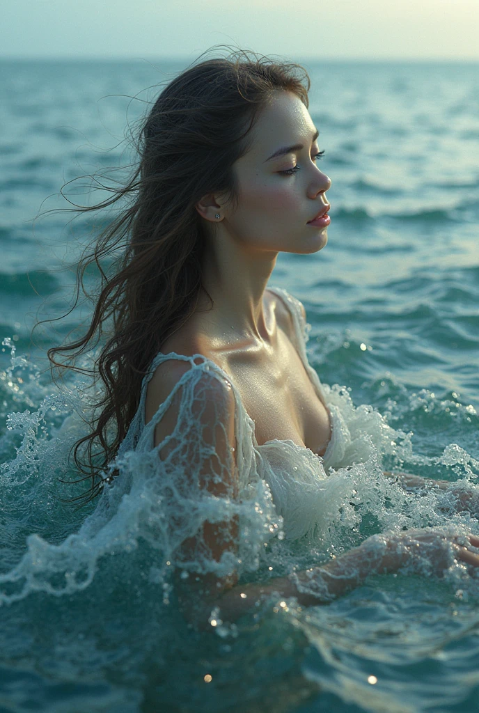 Girl swimming in the lake, 独奏, Dressed in a white dress, Elegant, artistic,  (Photorealsitic: 1.4), top-quality, ​masterpiece, ultra-detailliert, lighting like a movie