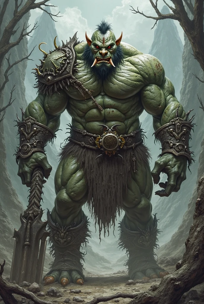 (um Ork com corpo verde, prenas caninas para fora da boca : 1.2) Large, fearless body and leader, armadura de couro hiper detalhada e enfeitada, corpo inteiro, na arte de floresta artstation, fundo nebuloso, epic realistic, rutkowski, hdr, detalhes intrincados, hiperdetalhado, cinemactic, luz de aro, cores silenciadas: 1.2, dark fantasy, dark, reddish sky, com montanhas escuras ao fundo, atmosfera sombria e perigosa
