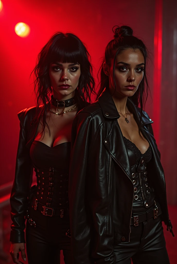 two sexy punk rocker Vampire girls with black spiky hair dressed in black bondage leather at night in the rain on a deserted city street