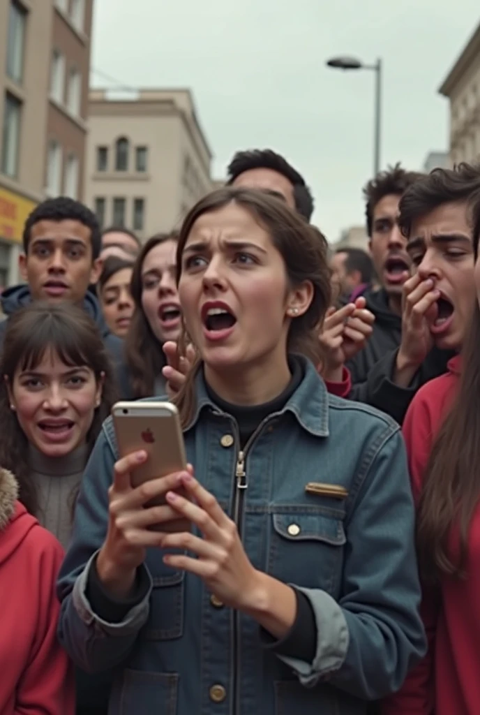 A crowd of people with their heads bent to look at their cell phones ignore what happens above their heads.