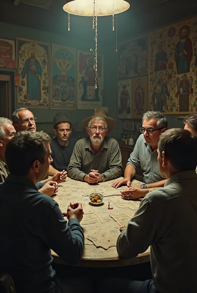 socrates, Plato, Aristotle, Homero, Fidias, Pericles tomando vino en una mesa redonda.