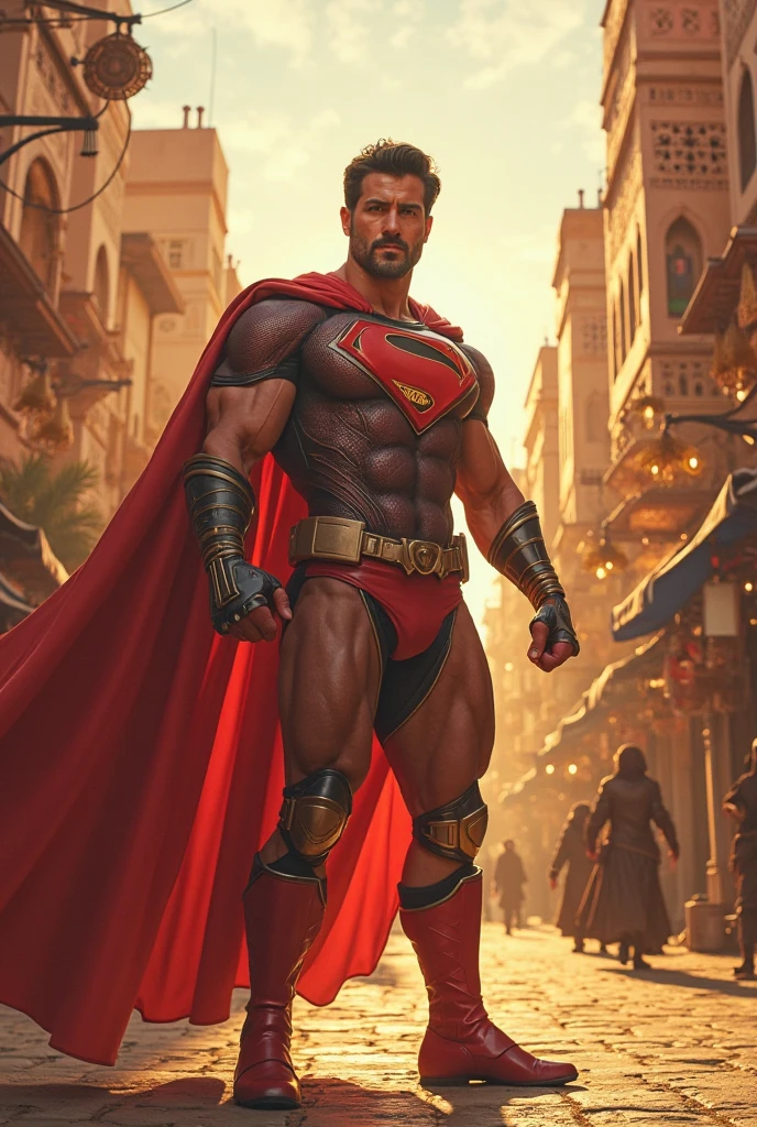 Caim e Abel 1 man full body fully shaven black hair blue eyes huge muscular 24 big thick penis large testicles greeting the viewer superman costume age 45 morning
