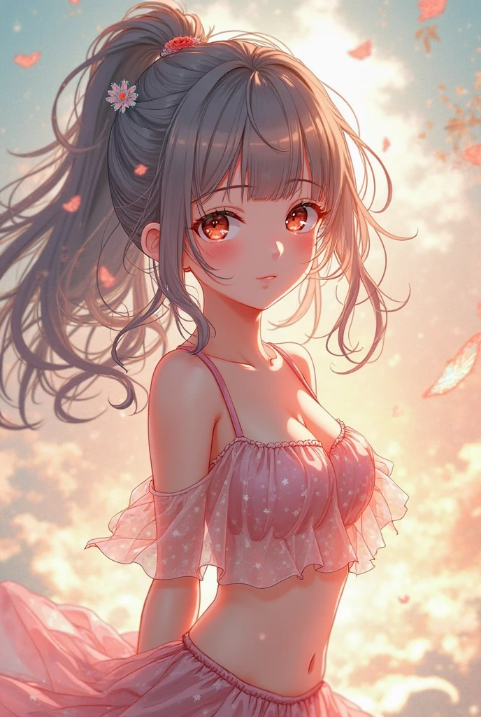 Highest quality, Great quality, 16K, Unbelievably absurd, Very detailed, delicate and dynamic, Natural light, The particles reflect light, Diffuse reflection of light, Many rainbow-colored petals fall, Sparkling Sun, Diffuse reflection of light, Create amazing image effects, anime style:0.9, photorealistic, Bright colors, Depth of the bounds written, blurred background, alone, 1 girl, ( long hair, asymmetrical bangs, dark brown eyes), beautiful face details, beautiful eyes, long eyelashes, soft lips, (small face), smile, open your legs, squat, spread legs, upper glance, from above