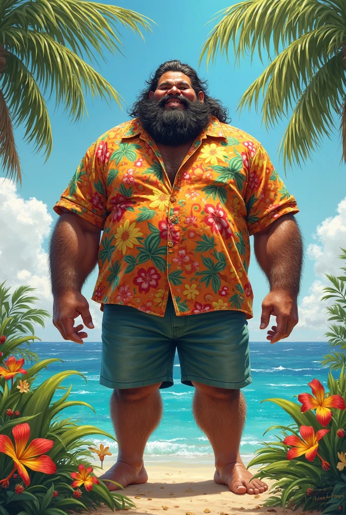 Un titan avec un râteaux et Caleçon de plage 
