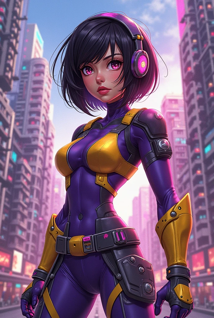 a highly detailed 3d character design of a beautiful anime-style girl, retrowave aesthetic, full body shot, Trigger Studio anime art style, manga comic book style, dynamic graffiti art, graphic design, vibrant neon colors, golden ratio composition, perfect for t-shirt design, hyper detailed, masterpiece, 8k, photorealistic, cinematic lighting, glossy skin, intricate costume design, exaggerated proportions, dramatic pose, dynamic energy, digital painting, concept art