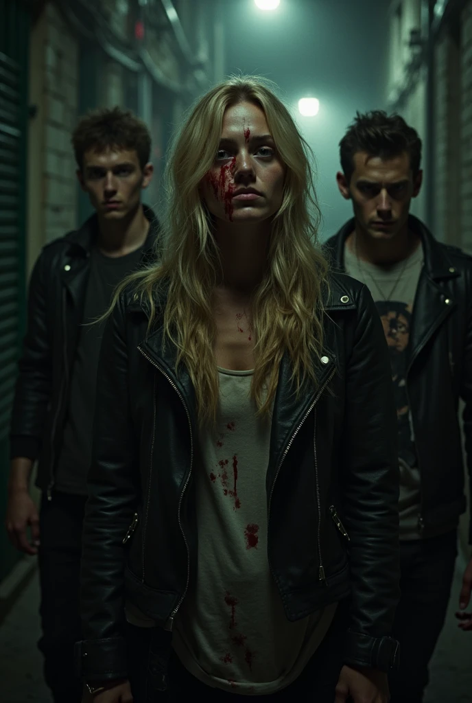 Red haired woman, covered in blood, gray sweat pants and shirt, surrounded by 2 black men and 1 black woman, flood is covered in blood