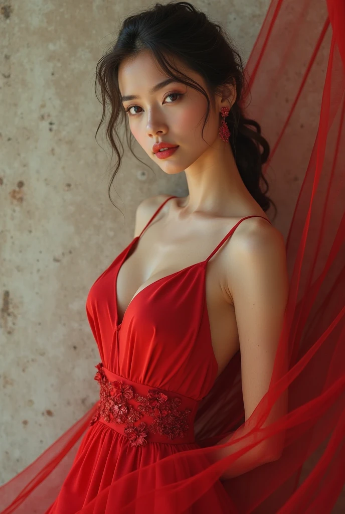 ((top quality、8k、masterpiece:1.3))、Extremely exquisite beautiful girl,full-body shot,Huge breasts,Straight chest,Full, straight breasts,Breast enlargement,amazing breast size,G cup。Wear big earrings,The skin is very white,Hydrating red lips,Very thin waist,Thighs are very thin,Big Ass,Fair and smooth skin,Smooth and fair skin,Flawless skin,Fair and shiny skin,Cool white skin,The camera focuses on the chest,Deep Crack,showing her breast,(Big V-neck),Bright light,red lace dress,red gauze skirt,Lower body exposed,Bare shoulders,Light pink hair,The hair is light pink,snowstorm,Snow Mountain,Sunset,lake