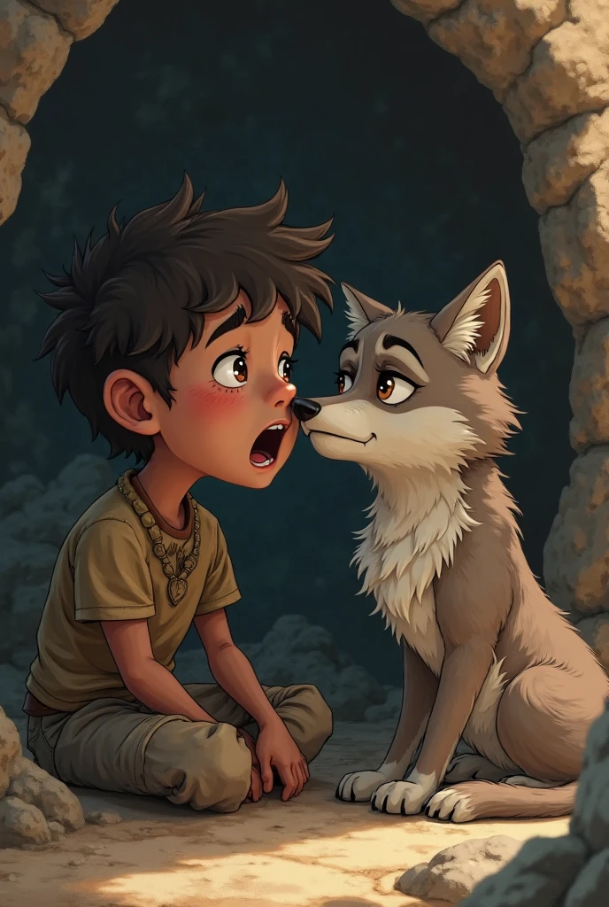A boy he is wearing a primitive loincloth he has a tattoo that says bride on his chest he is sitting in a cave he is surrounded by several werewolves he is giving a smile one of the werewolves is licking him the image has to be in anime Fury
