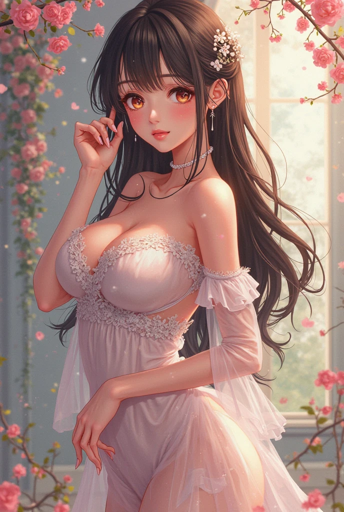 masterpiece, absurdres, hinata, 1girl, solo,mature female, spaghetti strap square neck, high waist short skirt, looking at viewer, (falling petals), perfect composition, detailed lips, big breast, beautiful face, body propotion, blush, (pink lips), long hair, purple eyes, soft gaze, super realistic, detailed, photoshoot, realistic face and body,