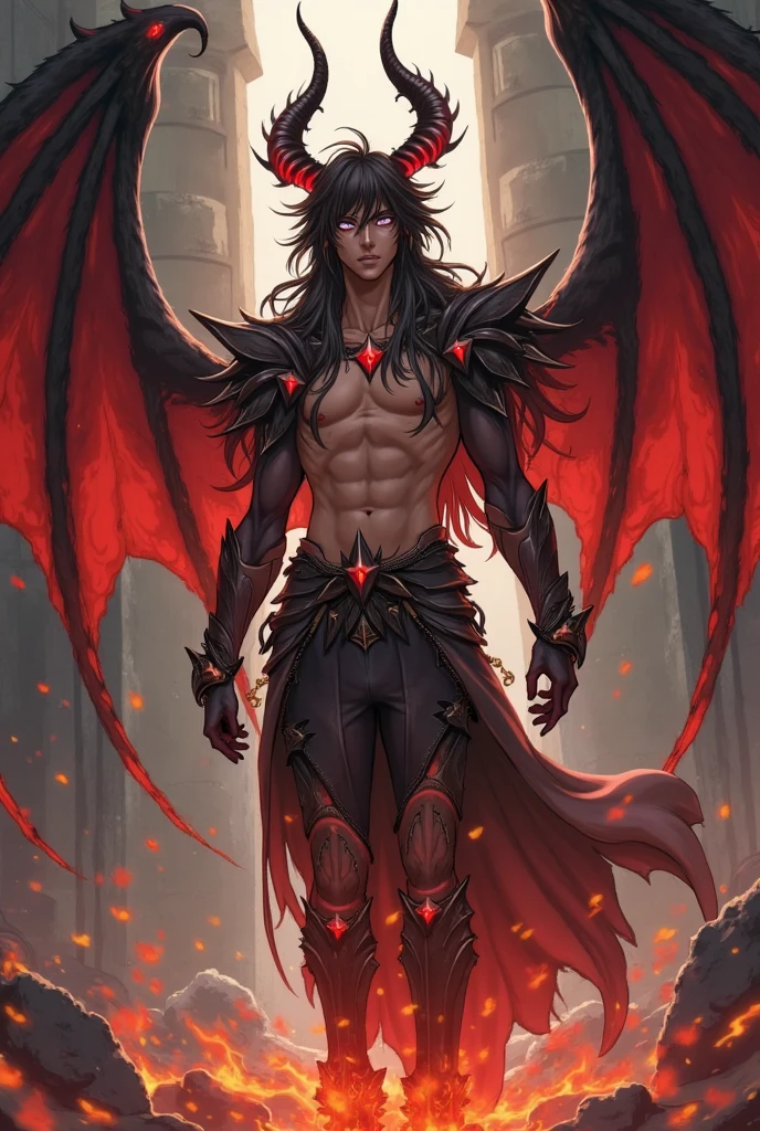 Male monster with black skin and red eyes with wings, body looks like it is completely made of blades and its black wings are gigantic, long black hair that covers everything around
