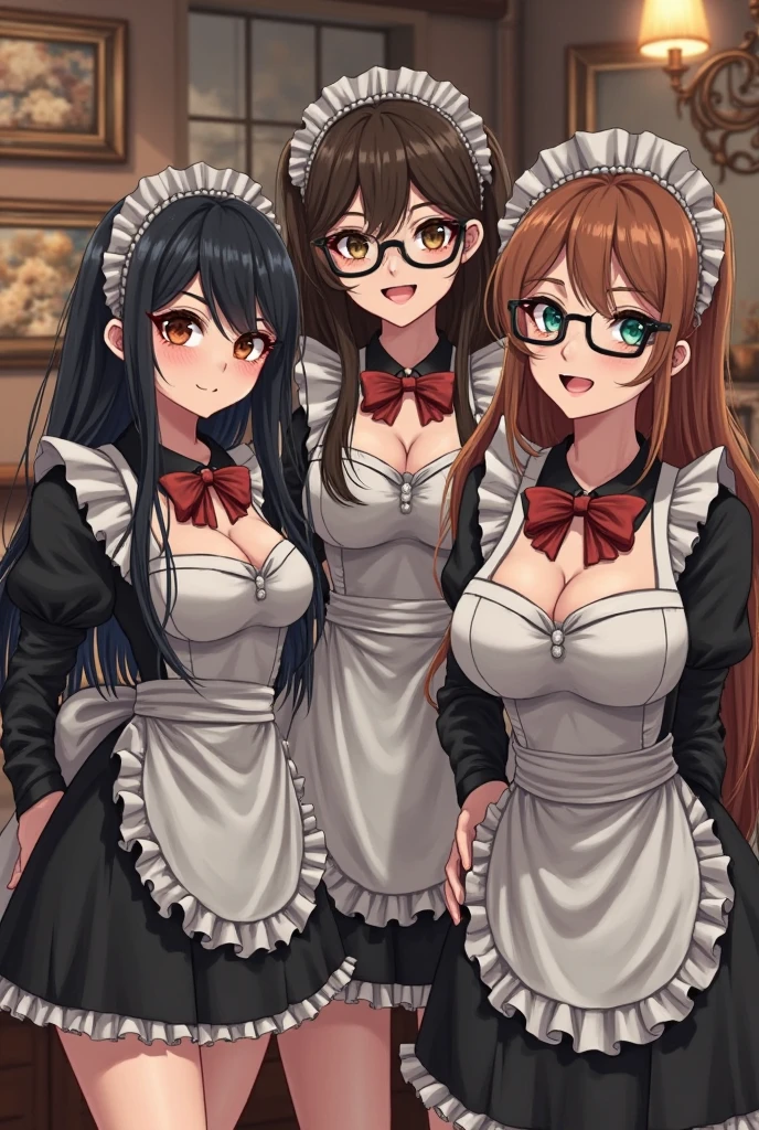 Masterpiece, super high quality anime style illustration, 8K, early Meiji period in Japan. Inside a cafe at that time, ((very beautiful 20 year old maids)), ((two beautiful girls smiling)). Colorful eyes, pink lips, perfect makeup, flashy colorful outfit, maid uniform, average breasts, a glimpse of cleavage, attractive proportions, small buttocks.