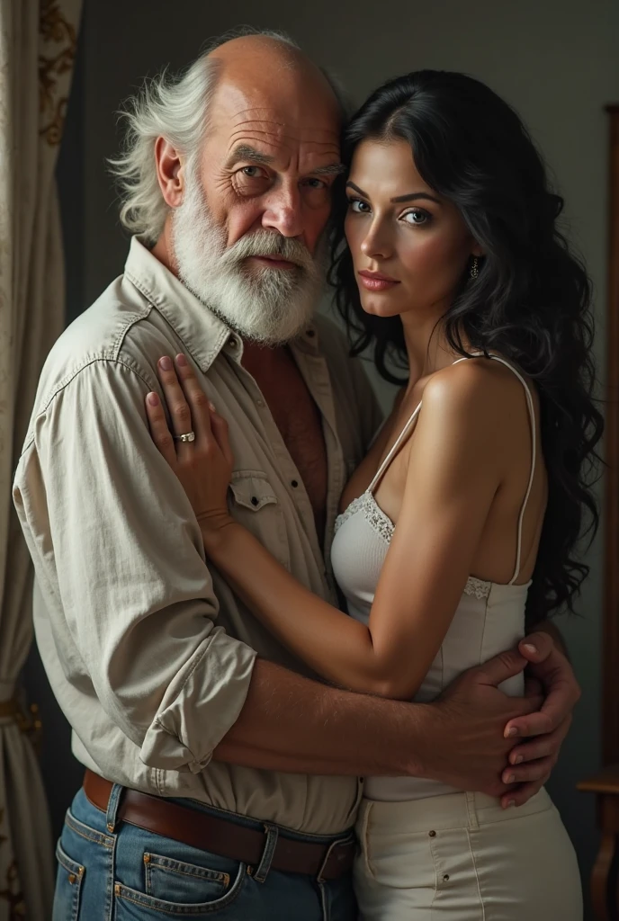 photo of an ugly javanese old man with slightly bald, a wrinkled face, a small frail body with a short stature, and neatly trimmed beard and moustache wearing batik tshirt, sitting on a couch beside an extremely gorgeous moroccan woman, with a divine beautiful face, larger alluring brown eyes, a slender nose, pronounced cheekbones, plump lips, and overall harmonious proportions, wearing a dazzling long brown hair on a glossy tresses hairstyle which cascades down her back, delicate soft skin with a luminous white skin tone, and a desirable and enticing voluptious well-proportioned, thick body and wide hips with a pair of lewd, enticing huge saggy breasts, wearing a knee length, white sheer sleeveless button down dress, with a low v-neck cut, top buttons undone, cleavage, collarbone, full body capture, dynamic view,