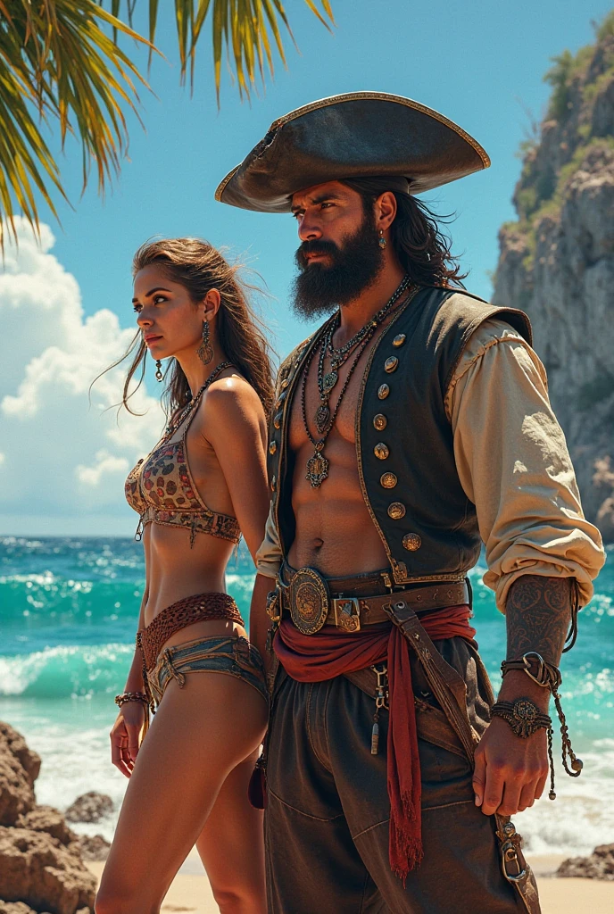 Create a pixel art image of a pirate on a Caribbean island. The pirate should have a traditional tricorn hat, an eye patch, a beard, and a tattered coat. Include a tropical setting with palm trees, sandy beaches, and a treasure chest half-buried in the sand. The pirate should be holding a cutlass and have a parrot on his shoulder. Use vibrant colors to depict the tropical environment and ensure the pirate has a rugged, adventurous look."