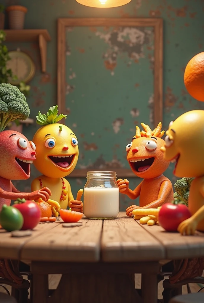 Surreal scene, a family of fruit people (apples, pears, grapes, cherries, etc) lounge around the living room playing on their cell phones, one the coffee table is a bowl of fresh humans