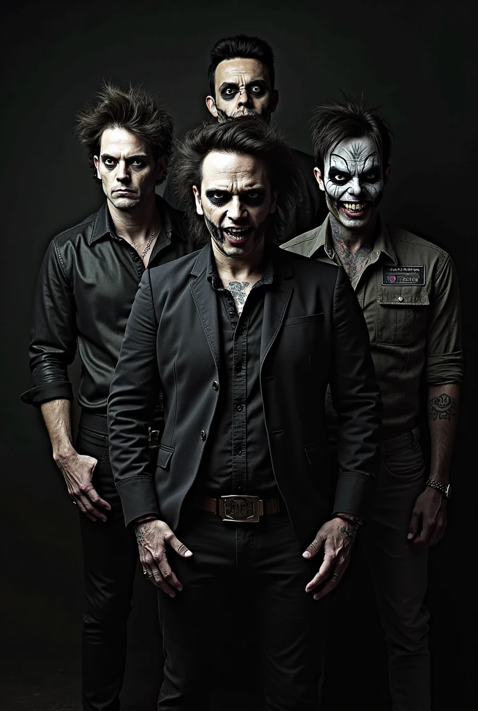 Create a poster of a rock band imitating a horror film with the killer on the cover. the killer has an athletic body and his hands are full of blood, we can't see his eyes because there is a shadow ,but he seems mysterious the poster is 80s horror movie style designed in the colors of the poster are red,close and beige.
