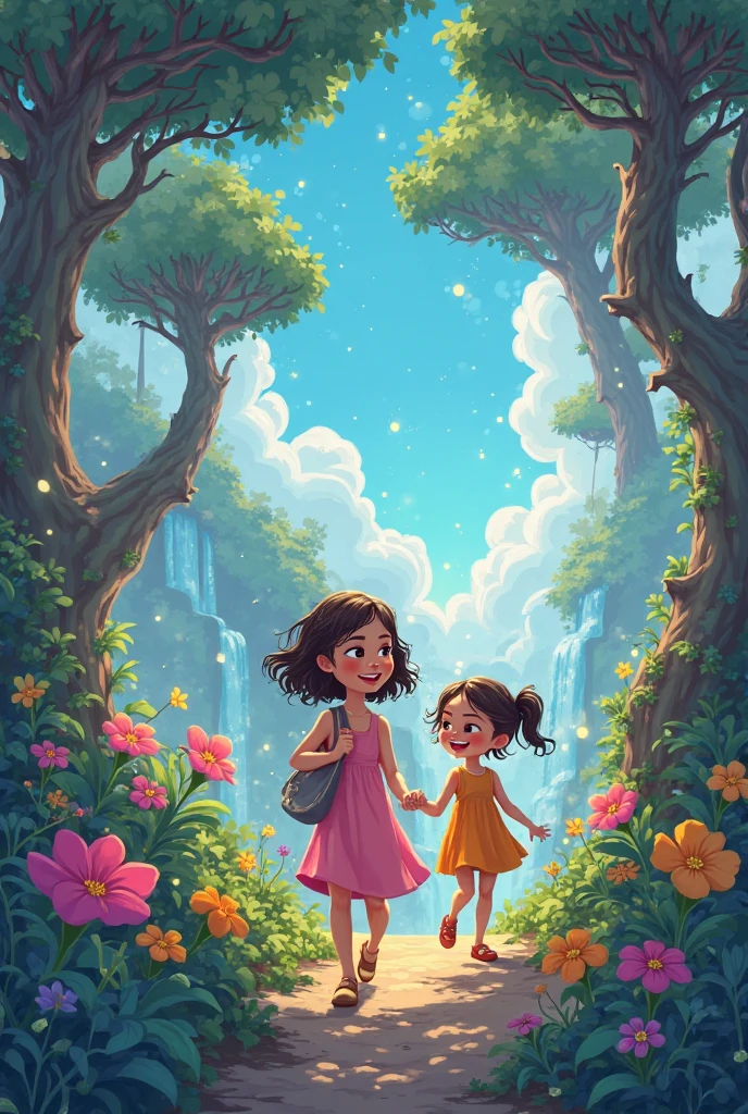 fine art printing,beautiful african chibi couple holding hands,um fofo (pele marrom) chibi with curly dark red hair and green eyes wearing a flowing blue dress outside in a flower garden,holding hands with um fofo chibi tiny (pele marrom) menino de terno com cabelos pretos cacheados e olhos pretos vestindo roupas de aventureiro,olhos grandes,fundo detalhado,Illustration of riot games,pixar,lazy,no estilo de ida rentoul outhwaite,aquarelas e felizes